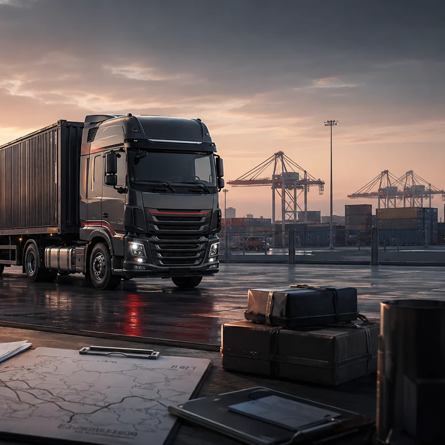 Container truck moving through a port corridor for freight transport