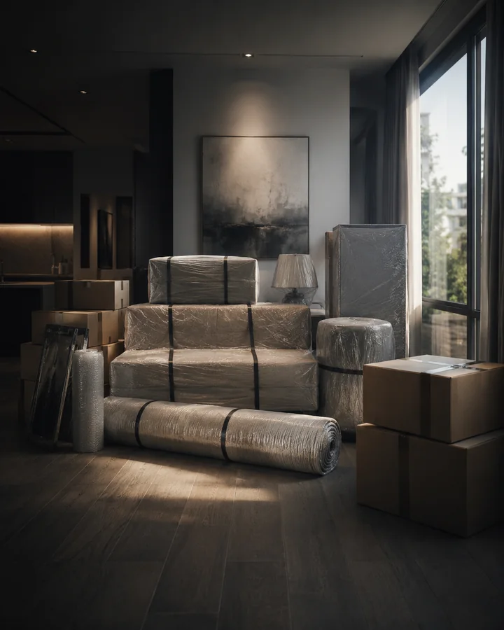 Packed household goods and furniture ready for transport