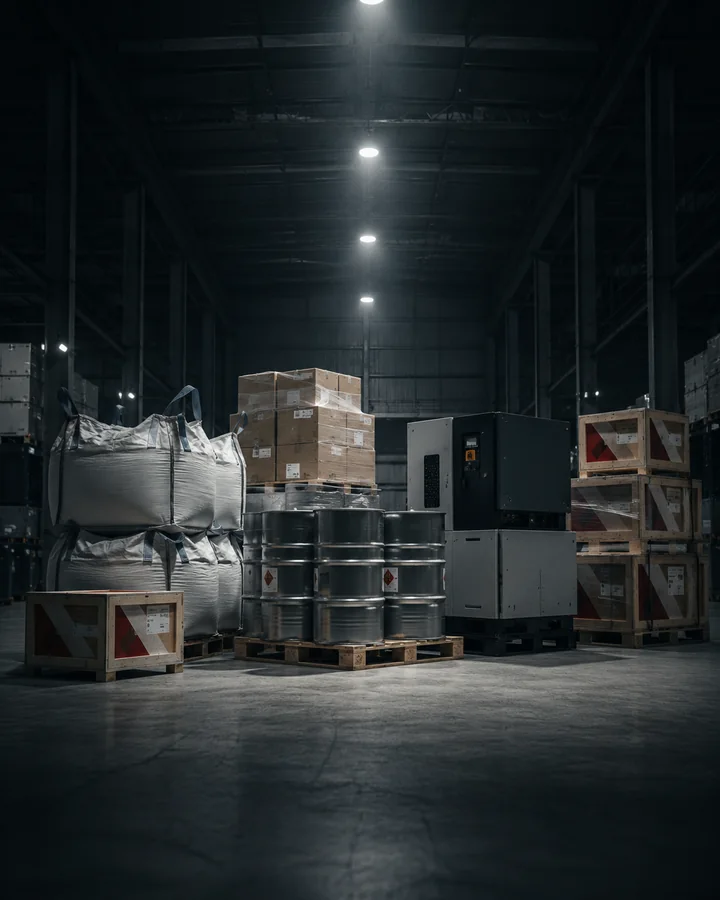 Industrial cargo including drums, crates, boxes and machinery prepared for transport
