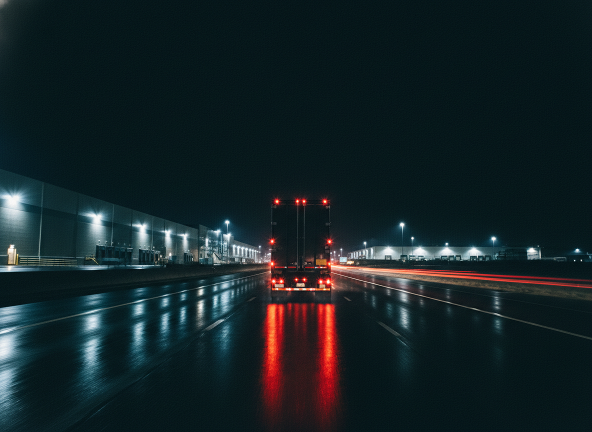 Truck moving near logistics warehouses at night