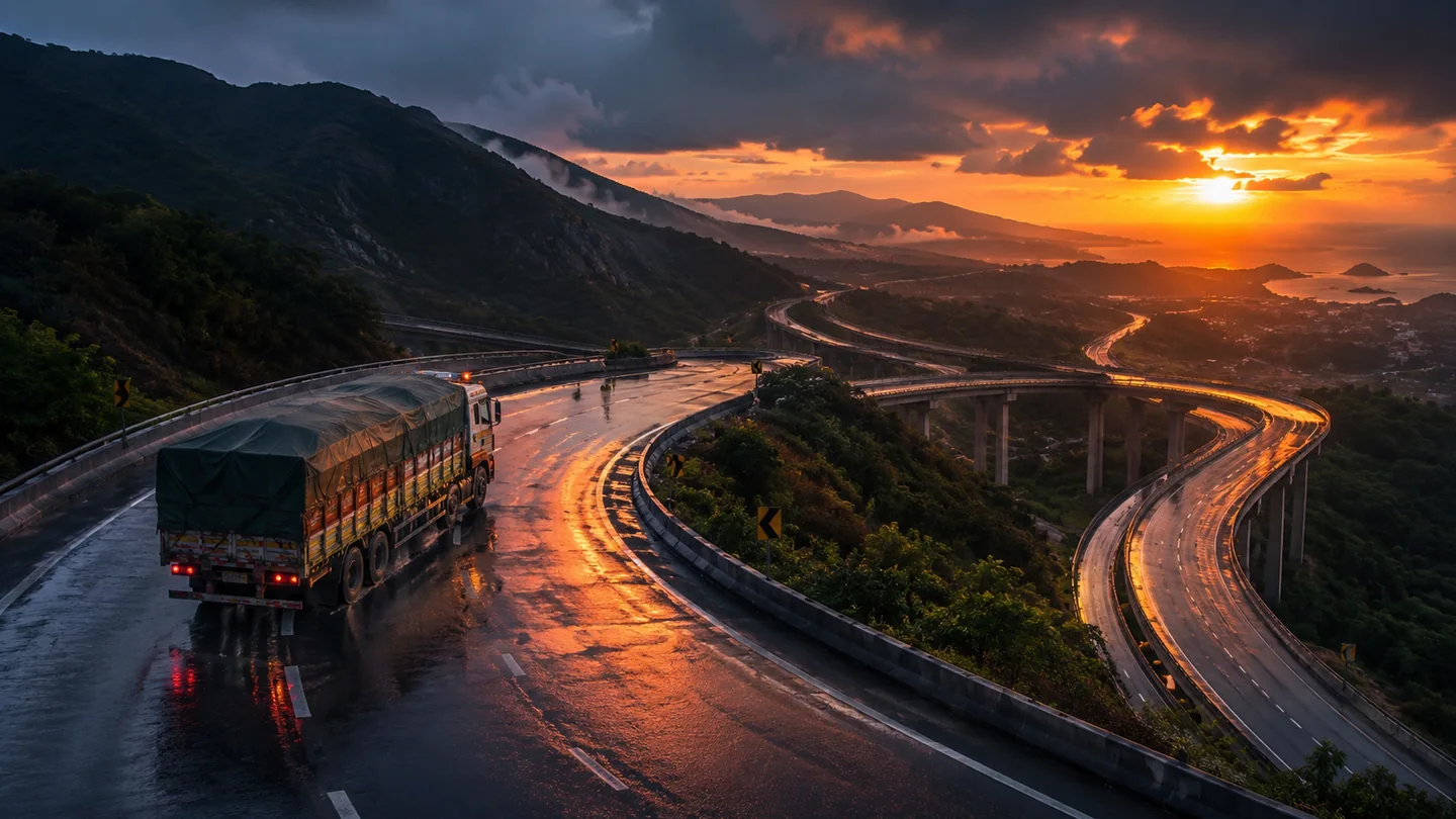 Truck moving through a long western India highway route
